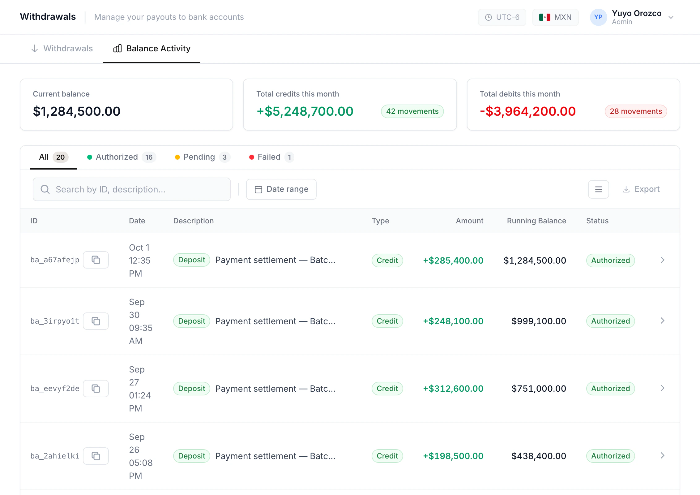 The Balance Activity tab in the Tonder dashboard